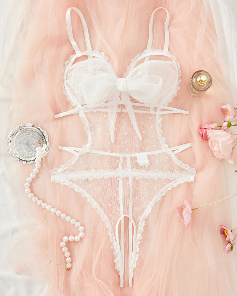 Pijama de una pieza sexy de encaje floral con lazo, entrepierna abierta y malla de lunares