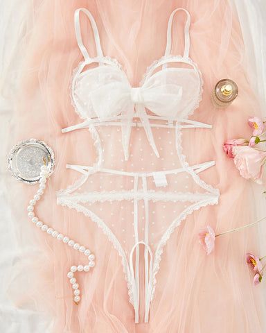 Pijama de una pieza sexy de encaje floral con lazo, entrepierna abierta y malla de lunares