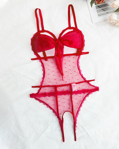 Pijama de una pieza sexy de encaje floral con lazo, entrepierna abierta y malla de lunares
