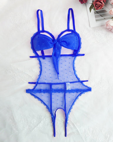 Pijama de una pieza sexy de encaje floral con lazo, entrepierna abierta y malla de lunares