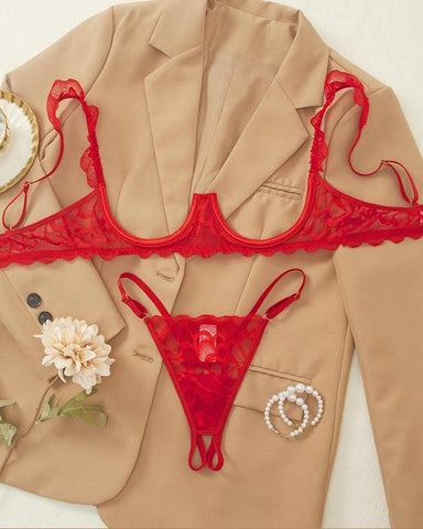 Conjunto de sujetador con aros y tirantes finos ajustables y tanga con diseño de entrepierna abierta de encaje sexy para mujer