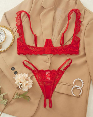 Conjunto de sujetador con aros y tirantes finos ajustables y tanga con diseño de entrepierna abierta de encaje sexy para mujer