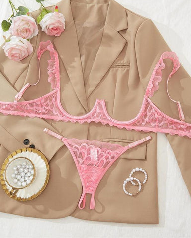 Conjunto de sujetador con aros y tirantes finos ajustables y tanga con diseño de entrepierna abierta de encaje sexy para mujer