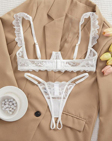 Conjunto de sujetador con aros y tirantes finos ajustables y tanga con diseño de entrepierna abierta de encaje sexy para mujer