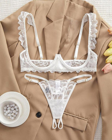 Conjunto de sujetador con aros y tirantes finos ajustables y tanga con diseño de entrepierna abierta de encaje sexy para mujer