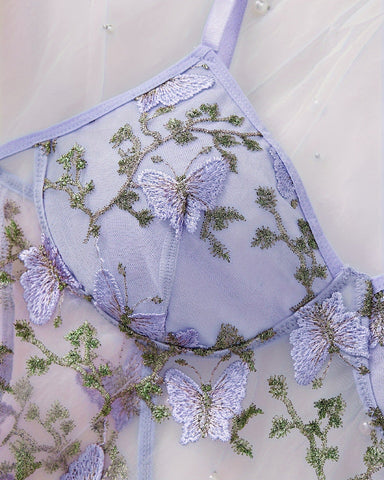 Conjunto de camisón y tanga sexy de malla con bordado de mariposa para mujer