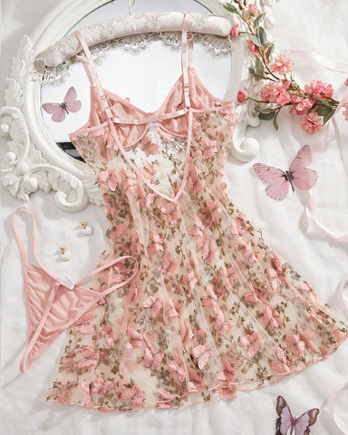 Conjunto de camisón y tanga sexy de malla con bordado de mariposa para mujer