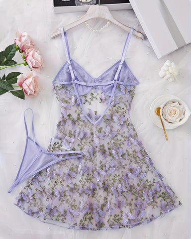 Conjunto de camisón y tanga sexy de malla con bordado de mariposa para mujer