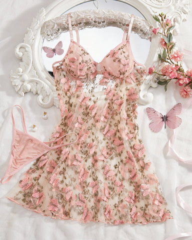 Conjunto de camisón y tanga sexy de malla con bordado de mariposa para mujer