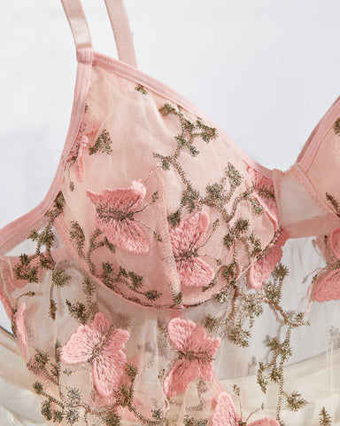 Conjunto de camisón y tanga sexy de malla con bordado de mariposa para mujer