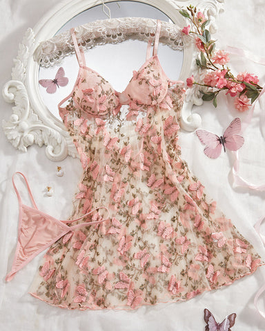 Conjunto de camisón y tanga sexy de malla con bordado de mariposa para mujer
