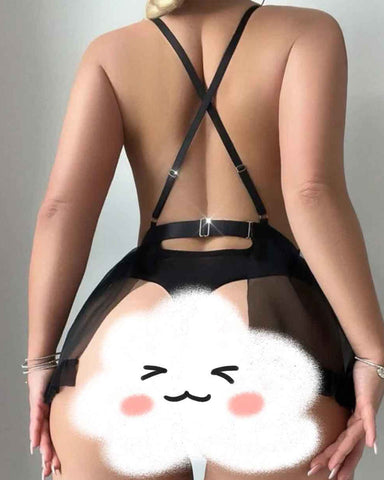 Conjunto de body sexy de encaje transparente con espalda descubierta y medias de rejilla