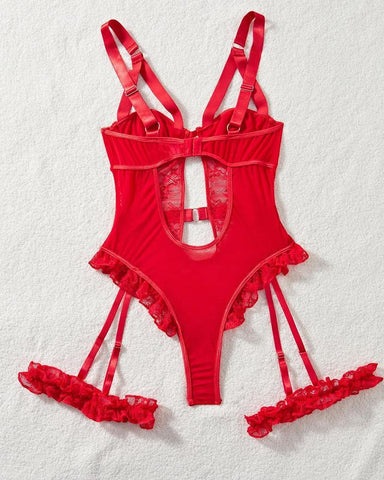 Pijama sexy de una pieza con espalda descubierta, volantes, encaje y hebilla de aro