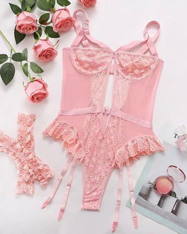 Pijama sexy de una pieza con espalda descubierta, volantes, encaje y hebilla de aro
