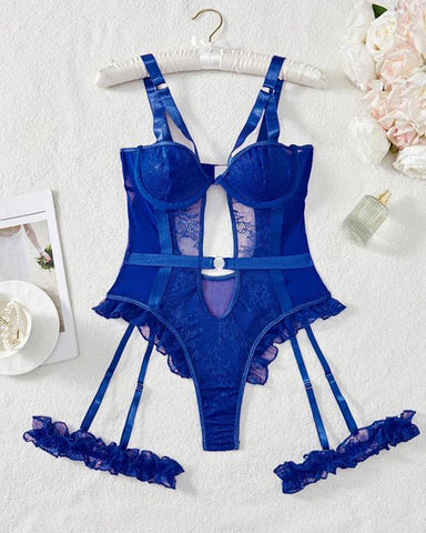 Pijama sexy de una pieza con espalda descubierta, volantes, encaje y hebilla de aro