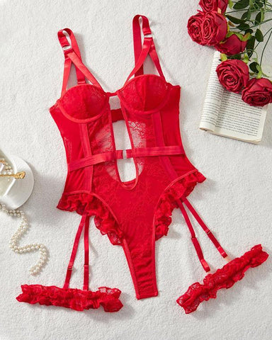 Pijama sexy de una pieza con espalda descubierta, volantes, encaje y hebilla de aro
