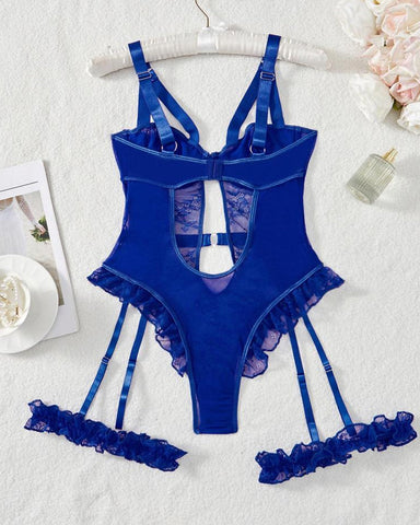 Pijama sexy de una pieza con espalda descubierta, volantes, encaje y hebilla de aro