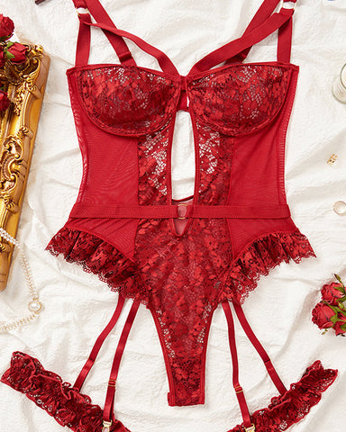 Pijama sexy de una pieza con espalda descubierta, volantes, encaje y hebilla de aro