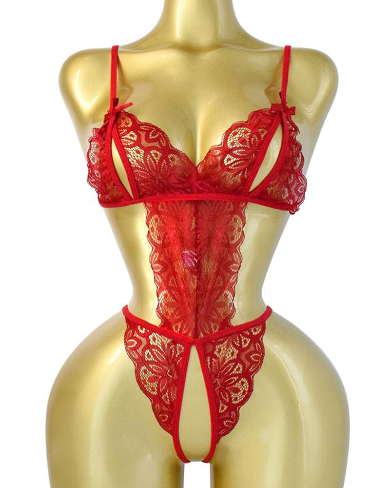 Pijama de una pieza sexy para mujer con encaje floral calado y translúcido y espalda descubierta