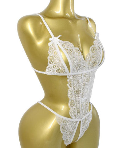 Pijama de una pieza sexy para mujer con encaje floral calado y translúcido y espalda descubierta