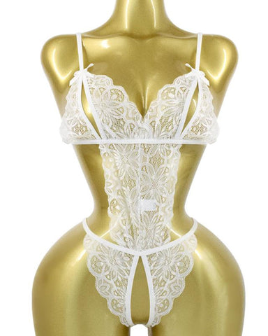 Pijama de una pieza sexy para mujer con encaje floral calado y translúcido y espalda descubierta