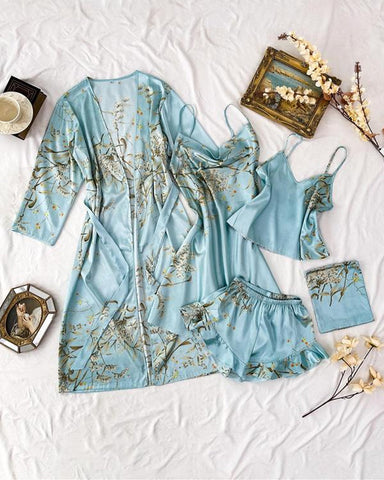 Conjunto de cinco piezas de ropa de casa para mujer: top de tirantes estampado de satén, shorts, vestido de tirantes y camisón
