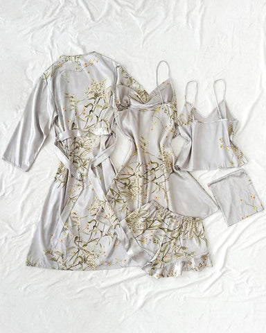 Conjunto de cinco piezas de ropa de casa para mujer: top de tirantes estampado de satén, shorts, vestido de tirantes y camisón