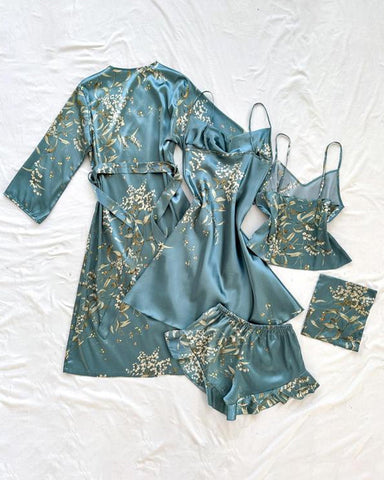 Conjunto de cinco piezas de ropa de casa para mujer: top de tirantes estampado de satén, shorts, vestido de tirantes y camisón