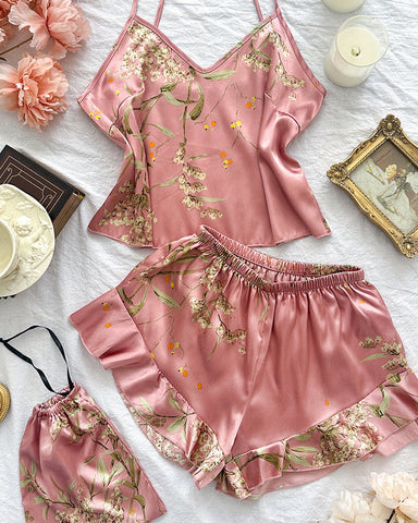 Conjunto de cinco piezas de ropa de casa para mujer: top de tirantes estampado de satén, shorts, vestido de tirantes y camisón
