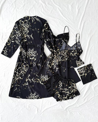 Conjunto de cinco piezas de ropa de casa para mujer: top de tirantes estampado de satén, shorts, vestido de tirantes y camisón