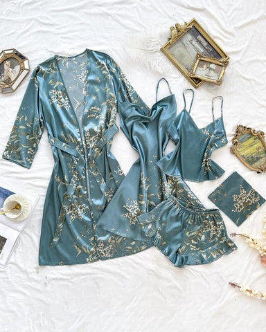 Conjunto de cinco piezas de ropa de casa para mujer: top de tirantes estampado de satén, shorts, vestido de tirantes y camisón