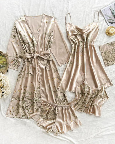 Conjunto de cinco piezas de ropa de casa para mujer: top de tirantes estampado de satén, shorts, vestido de tirantes y camisón