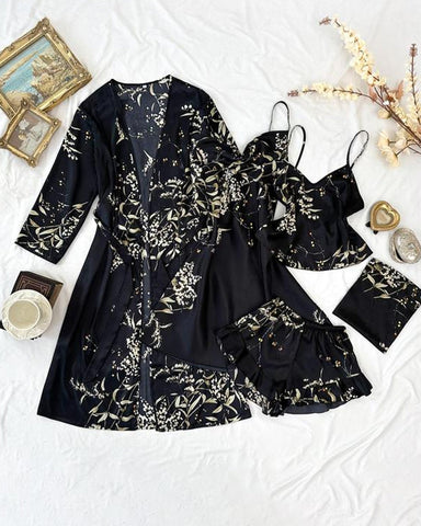 Conjunto de cinco piezas de ropa de casa para mujer: top de tirantes estampado de satén, shorts, vestido de tirantes y camisón