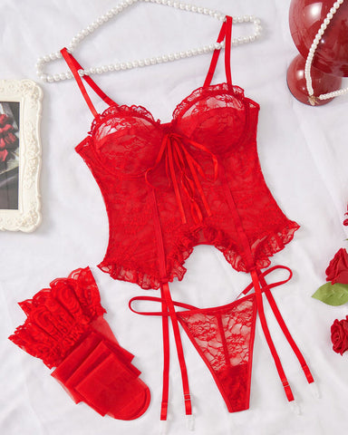 Conjunto de tres piezas sexy: sujetador fino de encaje con tirantes huecos, tanga y medias