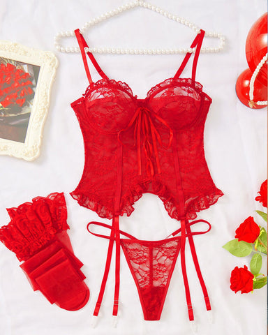 Conjunto de tres piezas sexy: sujetador fino de encaje con tirantes huecos, tanga y medias