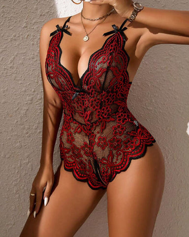 Body sexy de encaje floral con escote en V profundo y entrepierna abierta con tirantes
