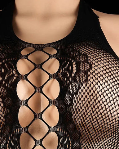 Body sexy con cuello redondo, tirantes al cuello y diseño calado elástico