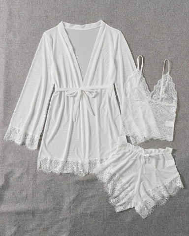 Conjunto de pijama sexy de tres piezas de encaje y tul