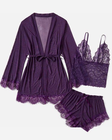 Conjunto de pijama sexy de tres piezas de encaje y tul