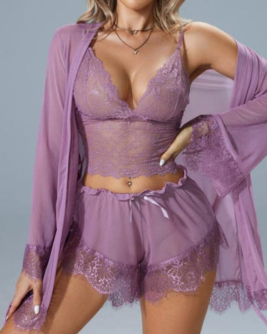 Conjunto de pijama sexy de tres piezas de encaje y tul