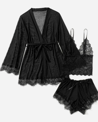 Conjunto de pijama sexy de tres piezas de encaje y tul