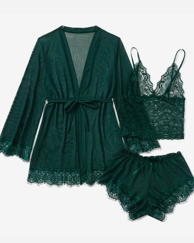 Conjunto de pijama sexy de tres piezas de encaje y tul