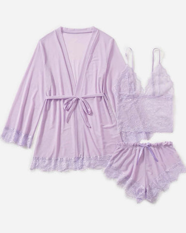 Conjunto de pijama sexy de tres piezas de encaje y tul