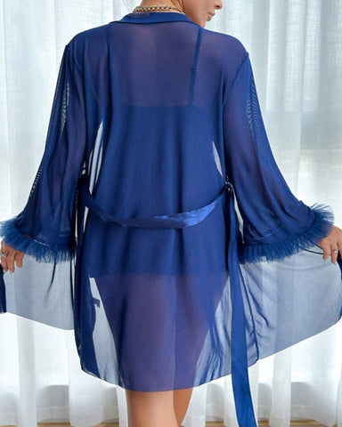 Conjunto de camisón sexy de encaje y malla transparente