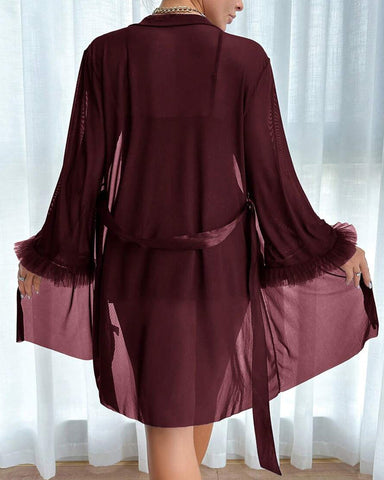 Conjunto de camisón sexy de encaje y malla transparente