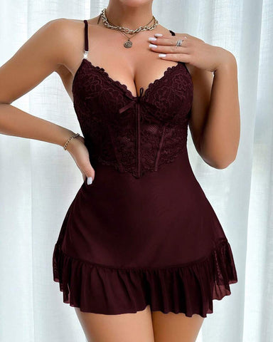 Conjunto de camisón sexy de encaje y malla transparente