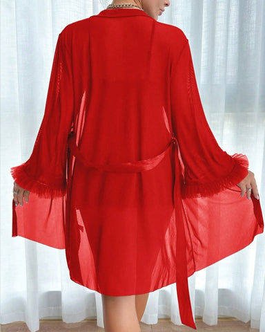 Conjunto de camisón sexy de encaje y malla transparente