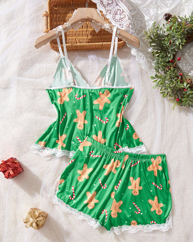 Conjunto de lencería sexy de encaje con estampado de Halloween, tirantes y shorts