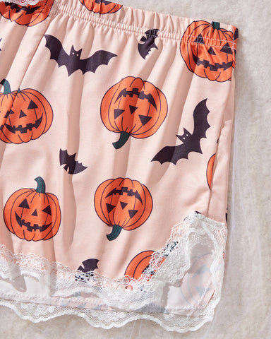 Conjunto de lencería sexy de encaje con estampado de Halloween, tirantes y shorts