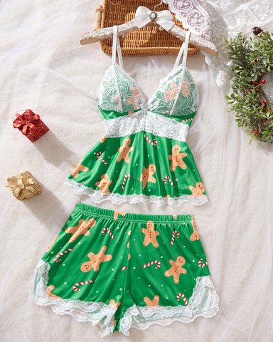 Conjunto de lencería sexy de encaje con estampado de Halloween, tirantes y shorts